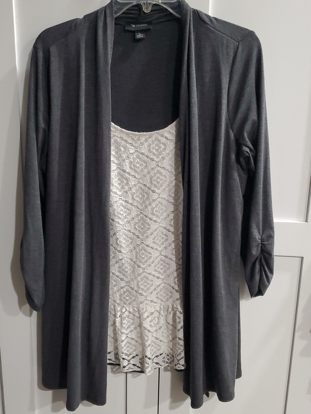 AB Studio Charcoal Gray Cardigan with White Lace Tank Layer